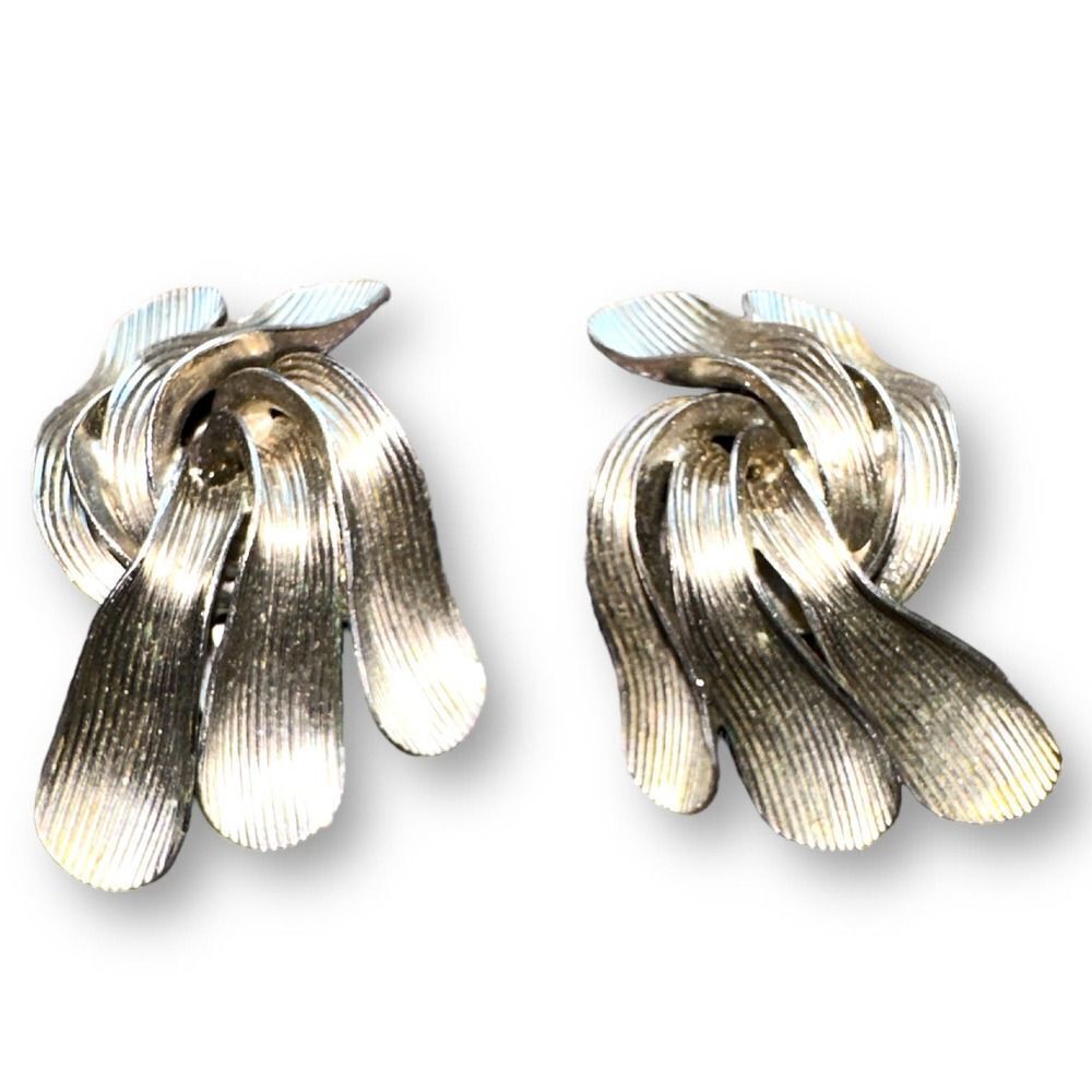 Vintage Kramer Clip-On Earrings Art Deco Textured Silver Plated